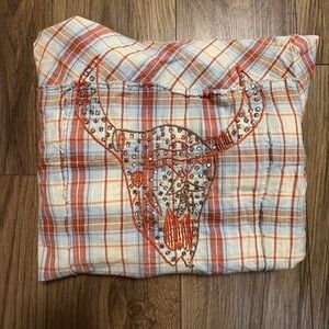 Y2K Miss Me Orange and white plaid button up shirt w studded bull skull design